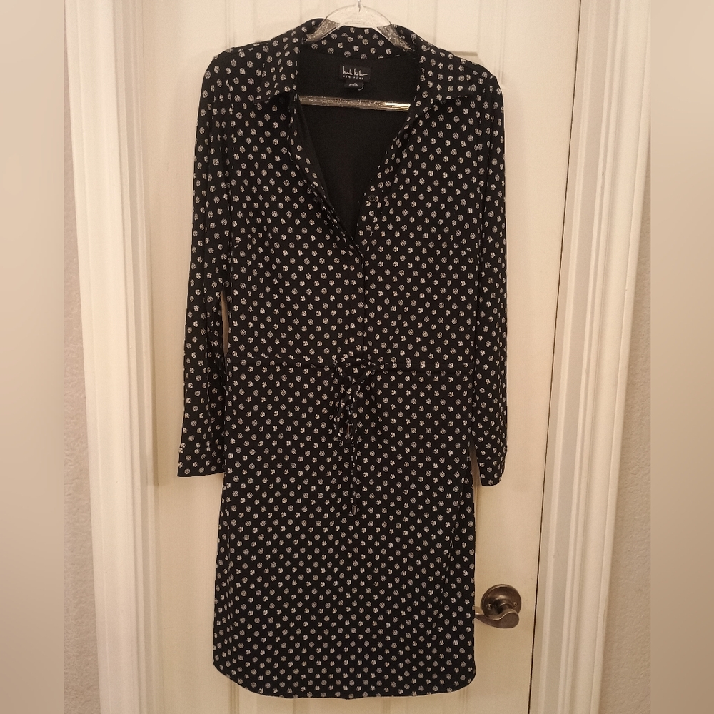 Womens Nichole Miller Black/Cream Polka Dots Stretchy Tie V-neck Midi Dress Sz 4